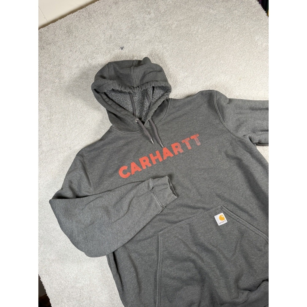 Carhartt Hoodie Mens XL  Gray Loose Fit Sleeve Logo Fleece Pullover Heavyweight